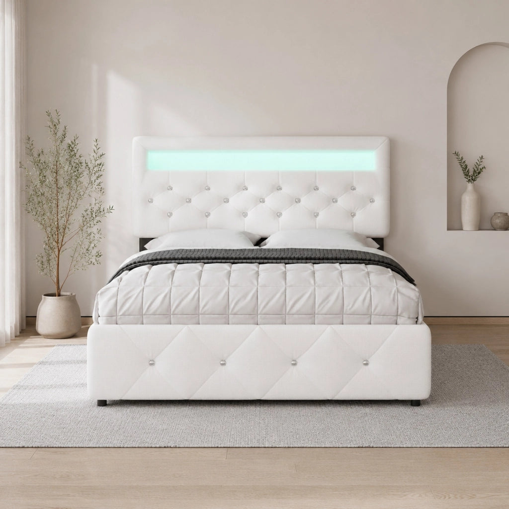 LETTO imbottito 140x200 cm Bianco con letto estraibile e 2 cassetti