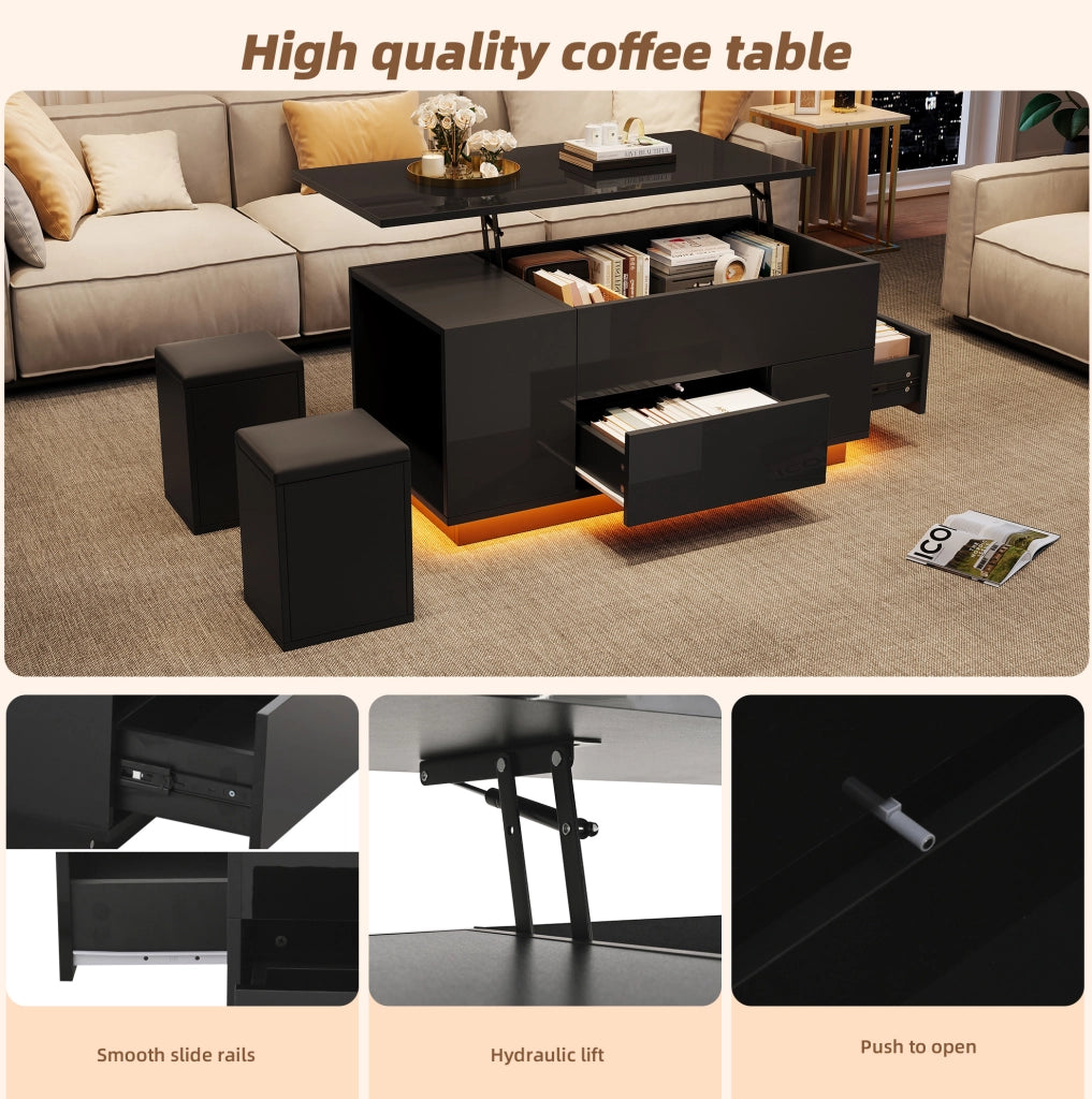 Tavolino da caffè 100x50 cm con altezza regolabile; LED; 2 cassetti e 2 sgabelli; nero