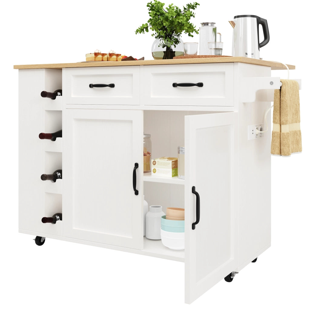 Isola Cucina con Portabottiglie e Presa Elettrica ¨C MINIMAL ¨C Bianco, Legno