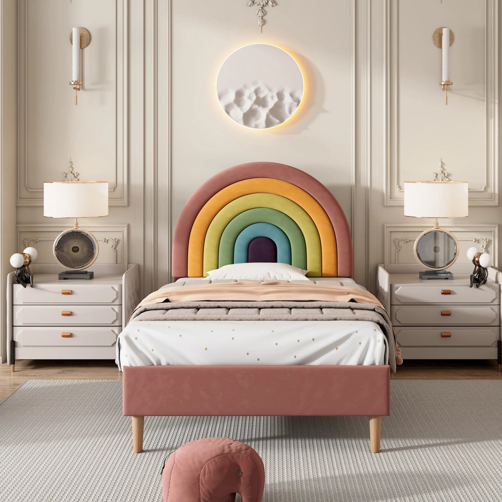 OKWISH Letto Singolo 90×200 cm, Letto per Ragazzi con Testiera Regolabile, Doghe in Legno e Testiera, senza Materasso, Velluto Rosa