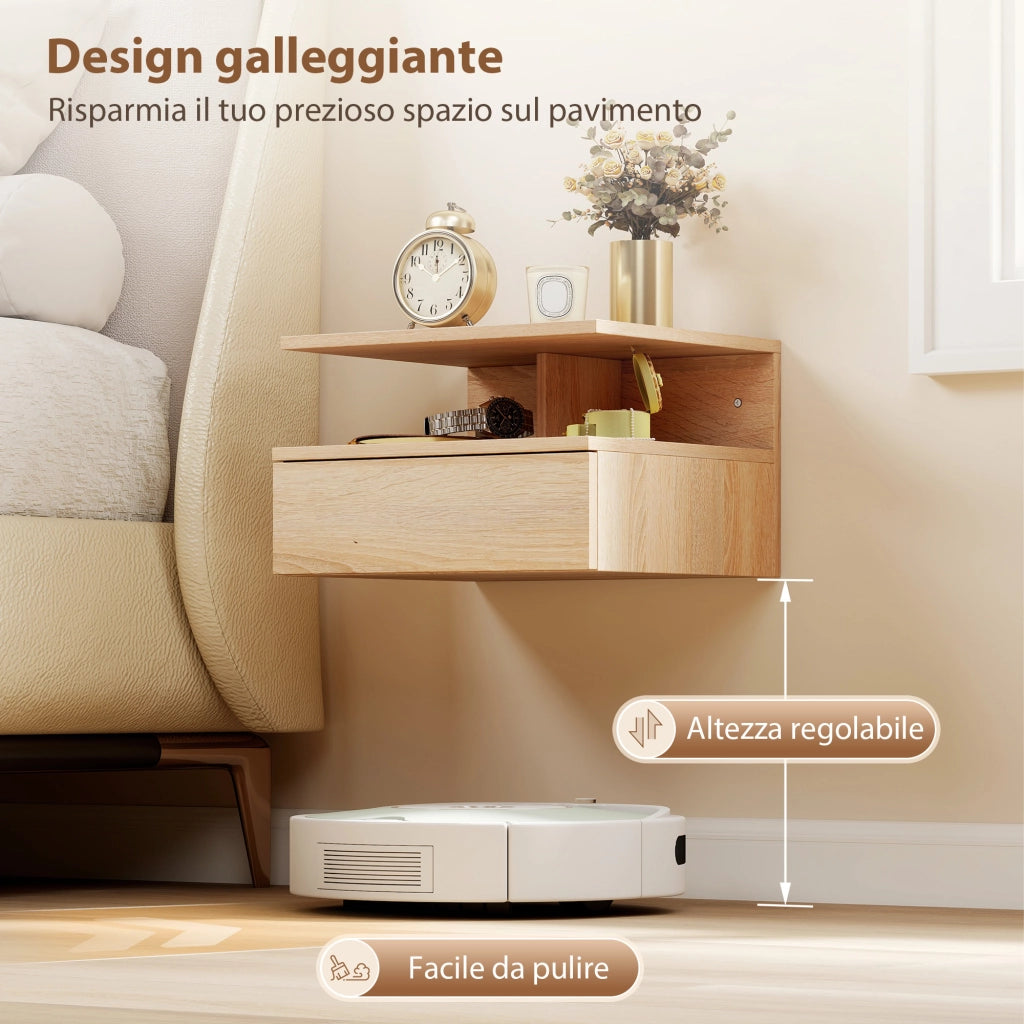 Set di 2 Comodini Sospesi 35x32x22,5 cm con Cassetto e Mensola Aperta in Legno Rovere
