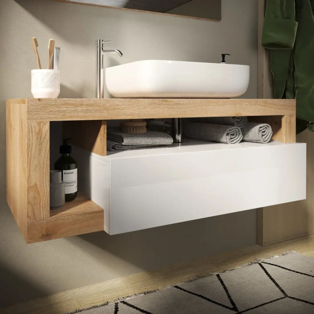 Mobile bagno sospeso con lavabo e cassetto, collezione BURA, bianco lucido/rovere chiaro