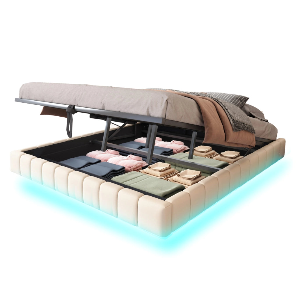 Letto imbottito 180x200 cm sospeso con contenitore e LED in lino beige