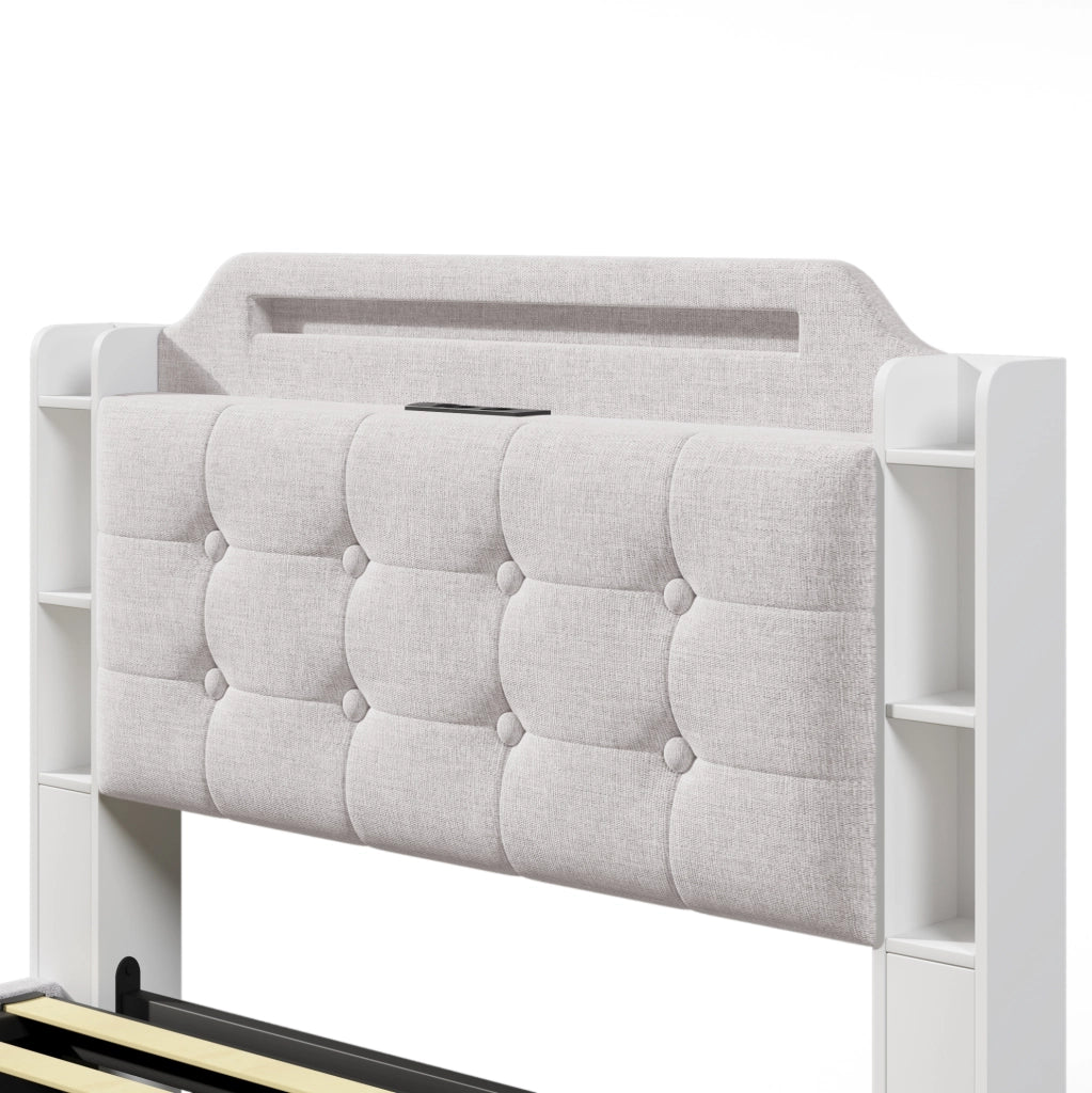 Letto imbottito 140x200 cm con contenitore; LED e ricarica USB Type-C in lino beige
