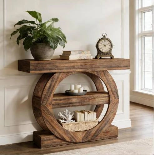 Tavolo consolle rustico a 3 ripiani in legno, 105 cm