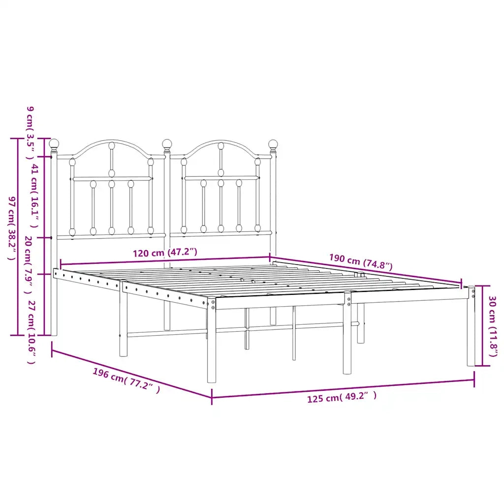 Letto matrimoniale | Letto per adulti | Giroletto con Testiera Metallo Bianco 120x190 cm
