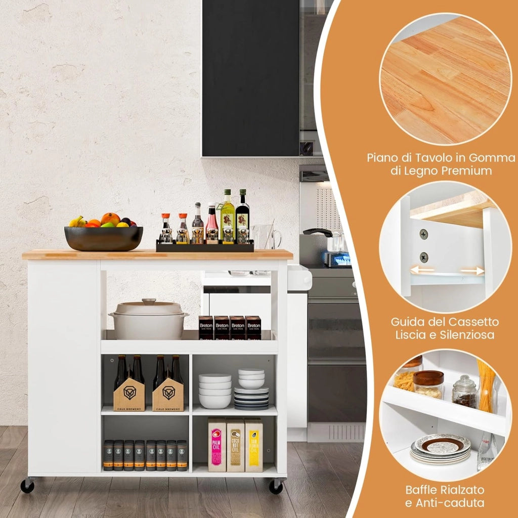 Carrello da Cucina, Carrello con Piano in Legno di Gomma con 4 Ripiani Regolabili Cassetto Ripiani per Spezie Porta Asciugamano e Ruote Bloccabili, 117x60x99 cm (Bianco)