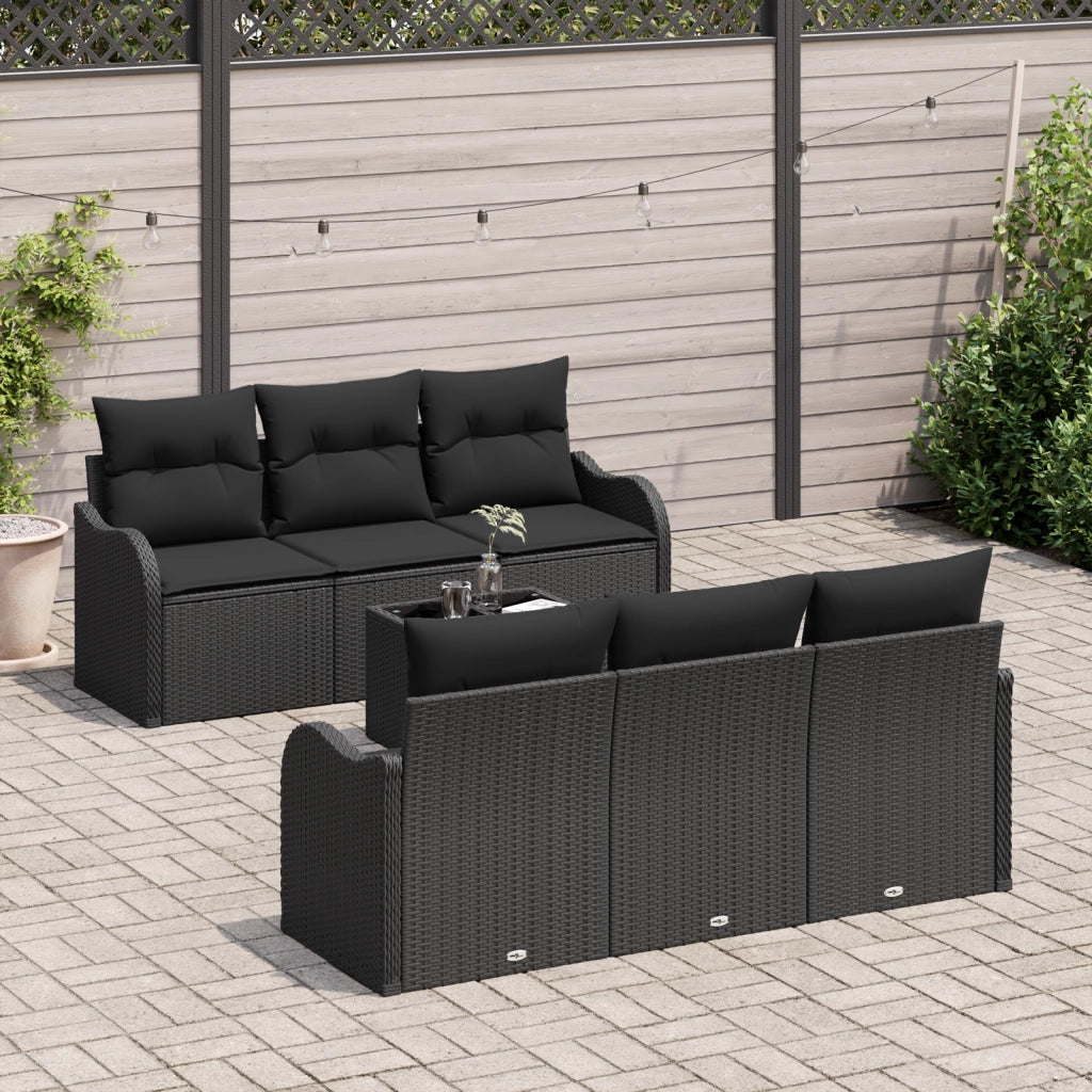 Set Divano da Giardino da 7 Pezzi con Cuscini Nero Polyrattan
