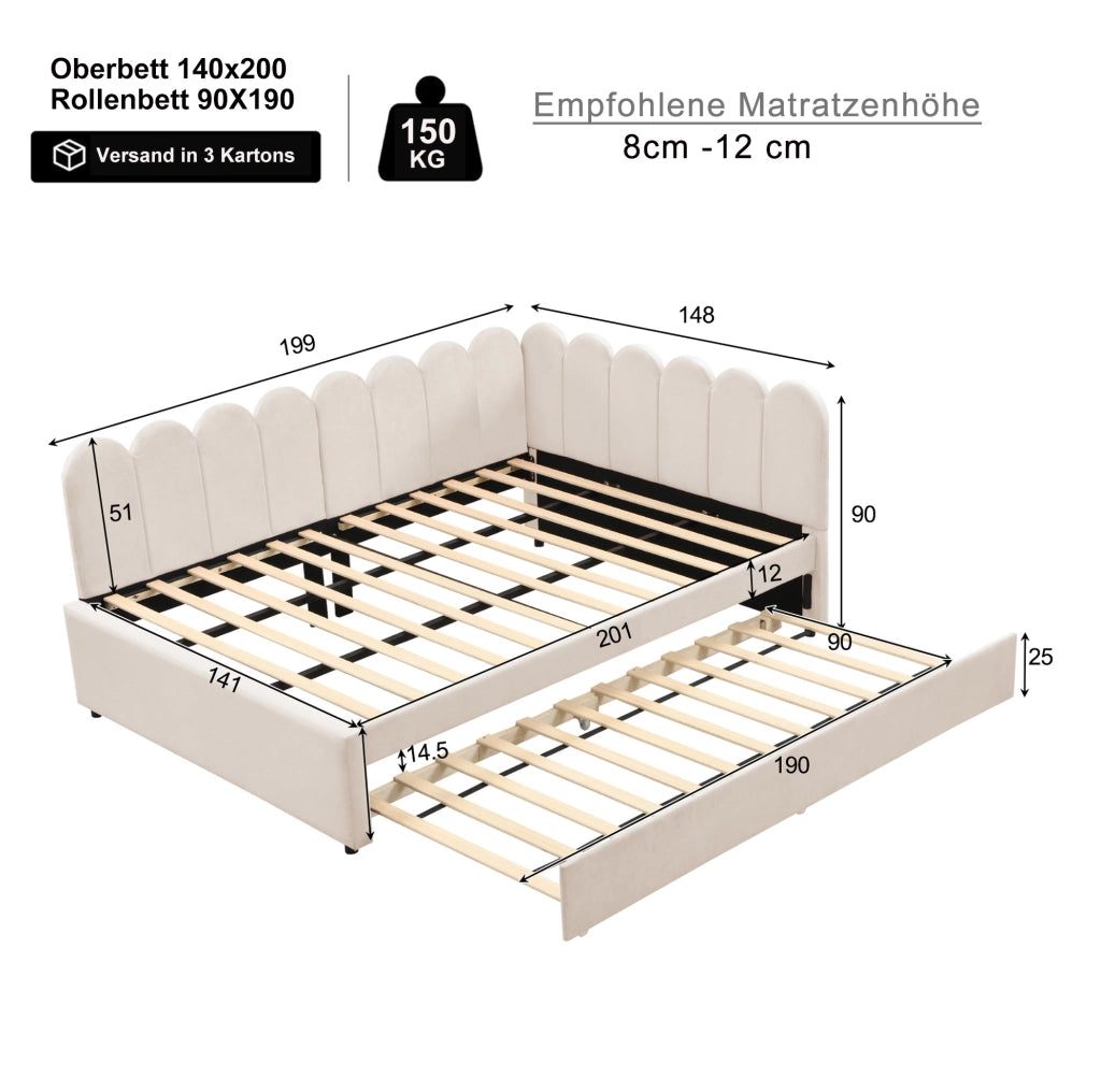Letto imbottito a L con letto estraibile 140x200 cm in tessuto beige; 205x148x90 cm