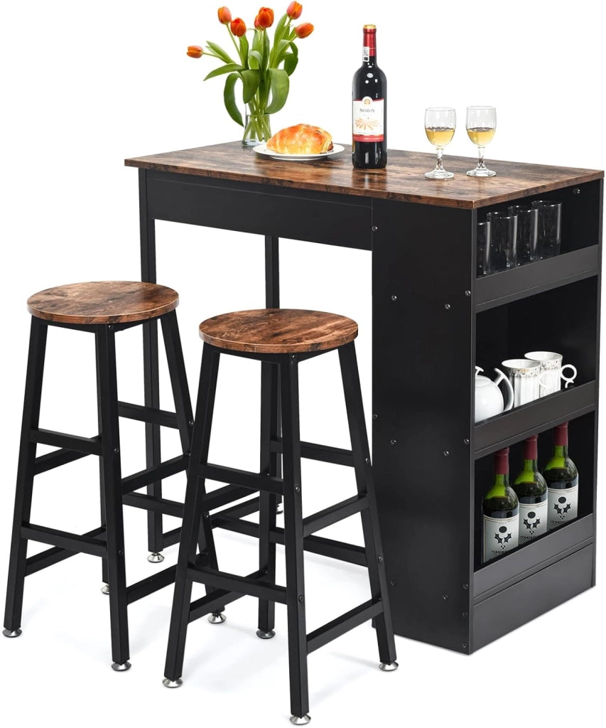Set di Tavolo e 2 Sgabelli da Bar con Struttura in Legno e Metallo | Tavolo da Pranzo e Colazione a 3 Ripiani per Sala da Pranzo e Cucina, Marrone Rustico