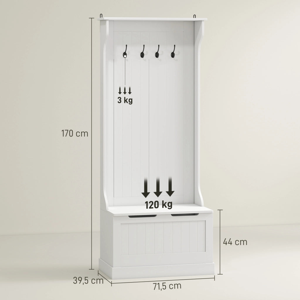 Mobile ingresso con panca, appendiabiti e gancio ¨C zephmum ¨C bianco 71.5x39.5x170 cm