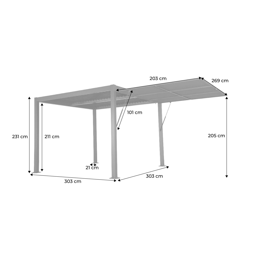 Pergola bioclimatica 3x3m in alluminio e acciaio  + tenda 3m,