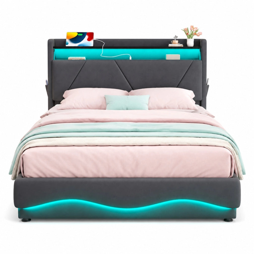 Letto matrimoniale con contenitore 160x200 cm in velluto grigio scuro; LED e USB