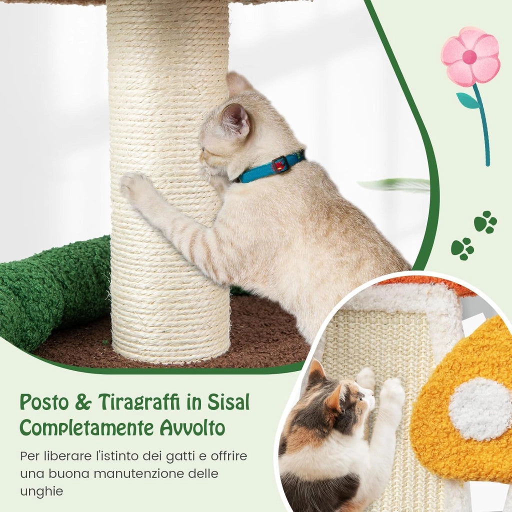 Albero per Gatti a Fungo 4-in-1, Torre Multi-Livello per Gatti con Condo, Piattaforma e Palla a Molla, Centro Attività per Gattini con Pali in Sisal e Tiragraffi