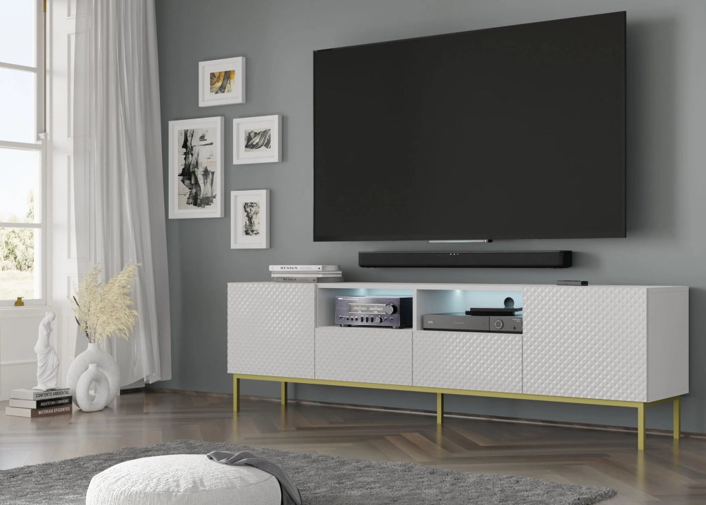 PORTA TV RAVENNA CCK DIAMOND MDF HG TV STAND 2D2S 200 BIANCO OPACO BIANCO LUCIDO CORNICE ORO
