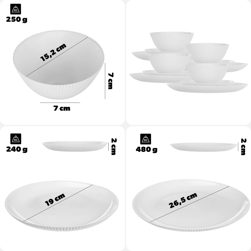 Set di stoviglie KADAX composto da 12 piatti bianchi.