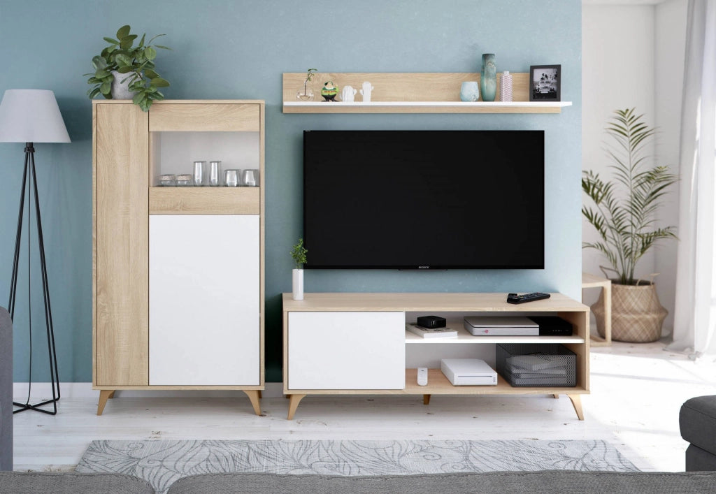 Vetrina Altavista, Vetrinetta moderna a 3 ante, Credenza da soggiorno o salotto, Madia alta con ripiani, cm 77x33h142, Rovere e Bianco