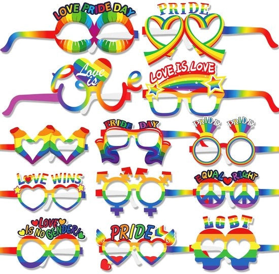 Bracciali per occhiali da carta 26 pezzi - Bandiera arcobaleno - Design a cuore - Scatola in cartone riciclato - Sicuri e resistenti - Occhiali da festa