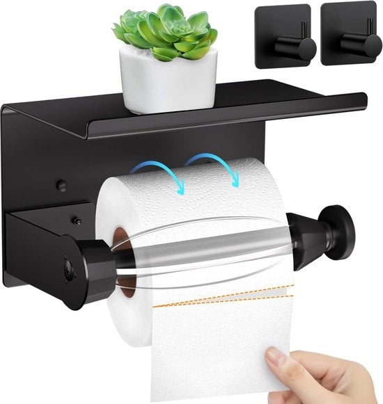 Sostegno per carta igienica senza foratura con pannello, nero + 2 ganci autoadesivi, carta igienica in acciaio inossidabile con effetto d'assorbimento, sostegno per carta igienica per bagno.