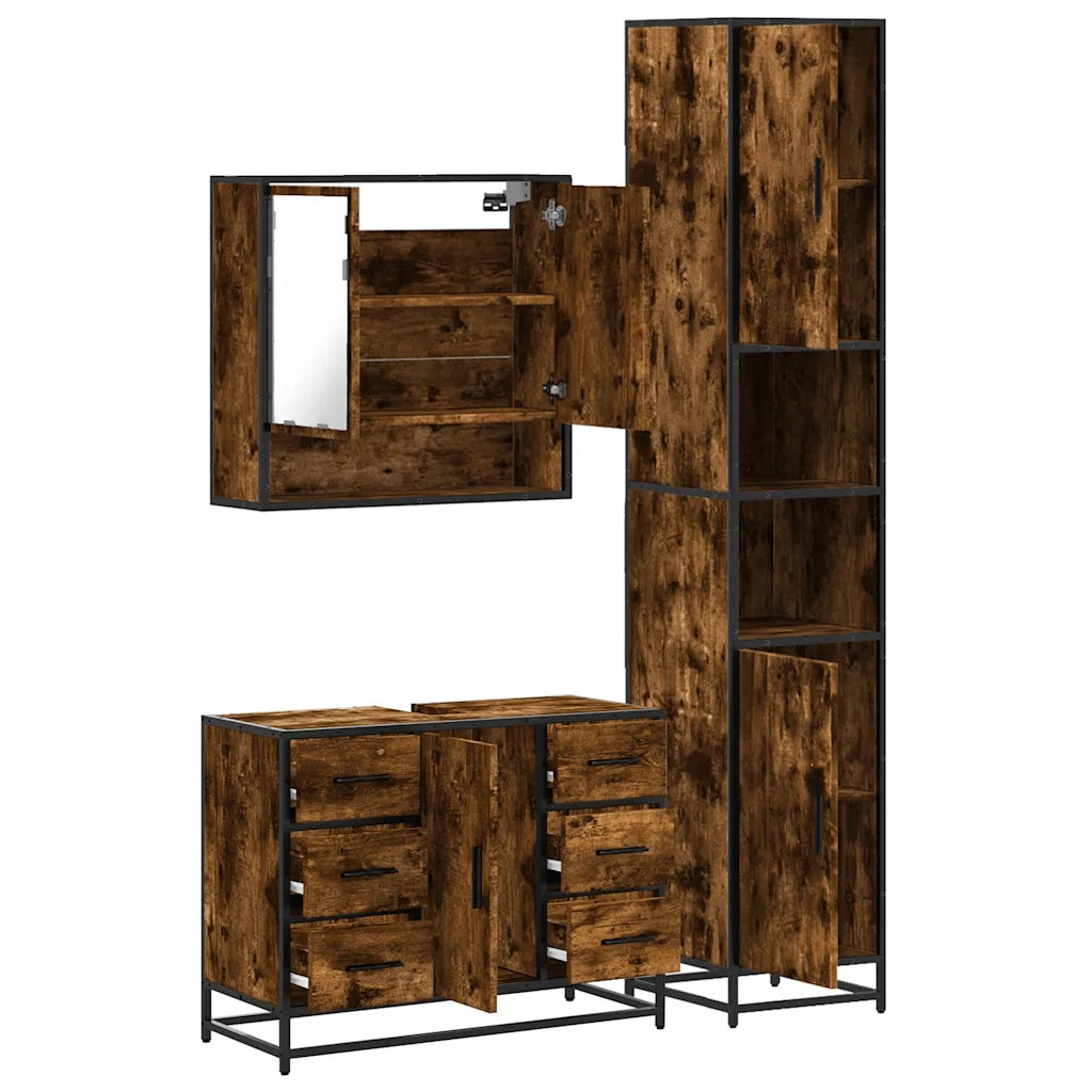 Set Mobili da Bagno 3 pz Rovere Fumo in Legno Multistrato 3301112
