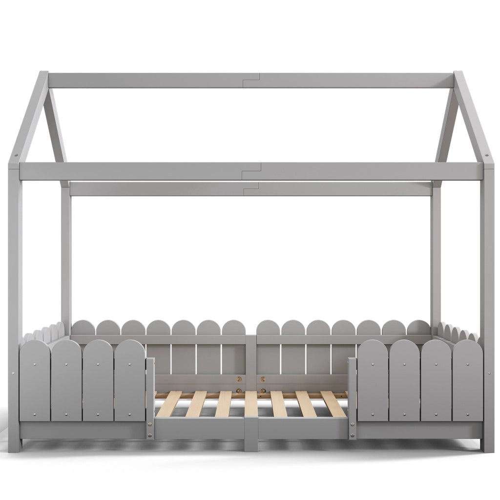 Letto a casa 90x200 cm grigio in legno massello con rete a doghe e protezione anticasco