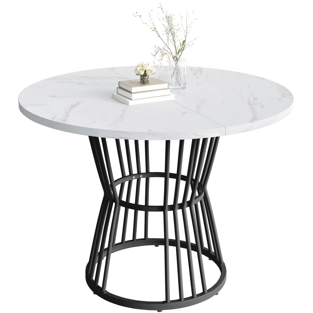 Tavolo da pranzo con piano in MDF effetto marmo, base in metallo, per cucina e soggiorno, nero, diametro 100 cm