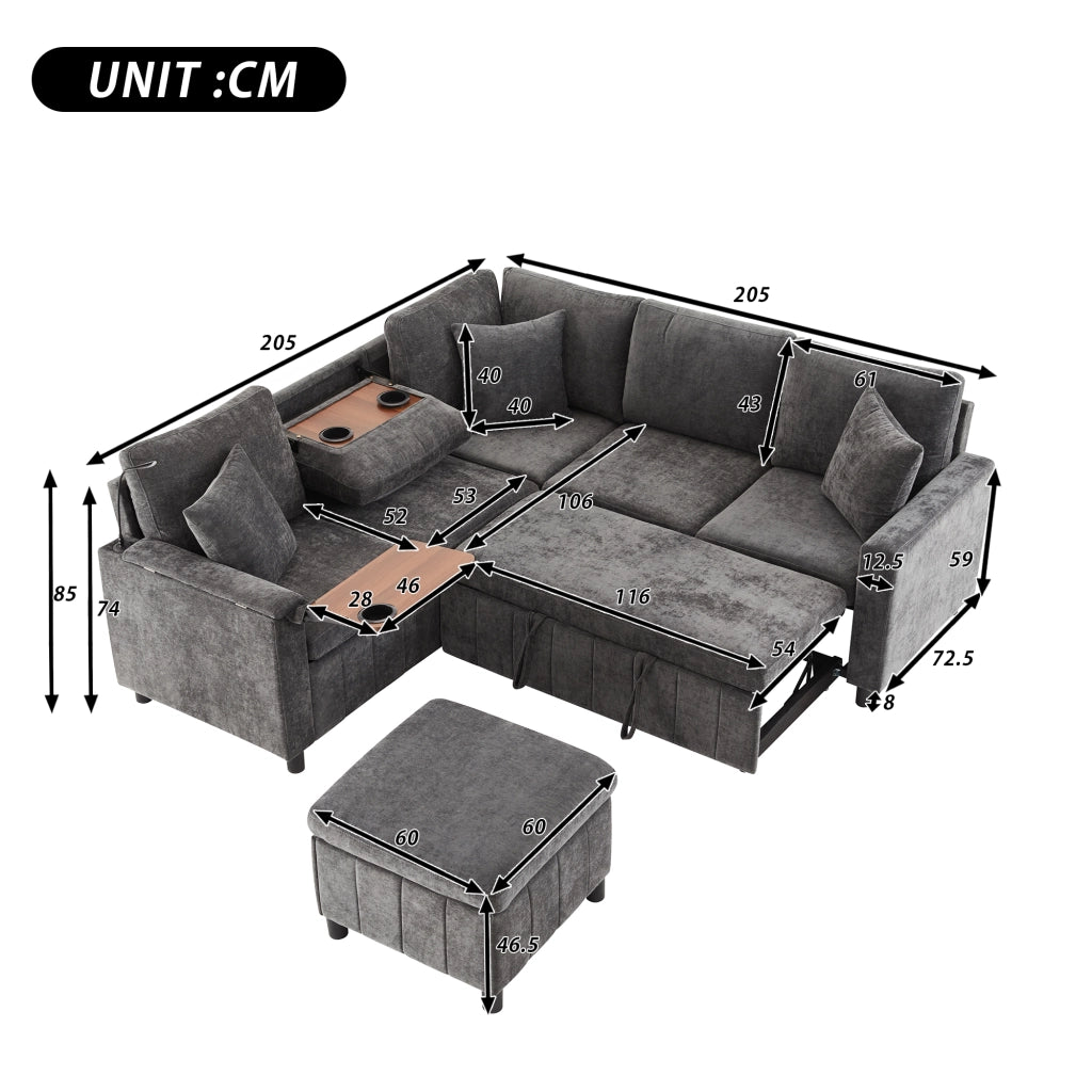 Divano angolare letto con contenitore; tavolino e lampada; in chenille grigio
