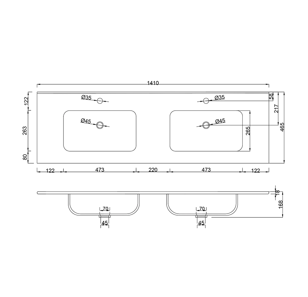 Lavabo consolle da appoggio LAV9140DS in ceramica 2 vasche 141x46 cm. bianco lucido