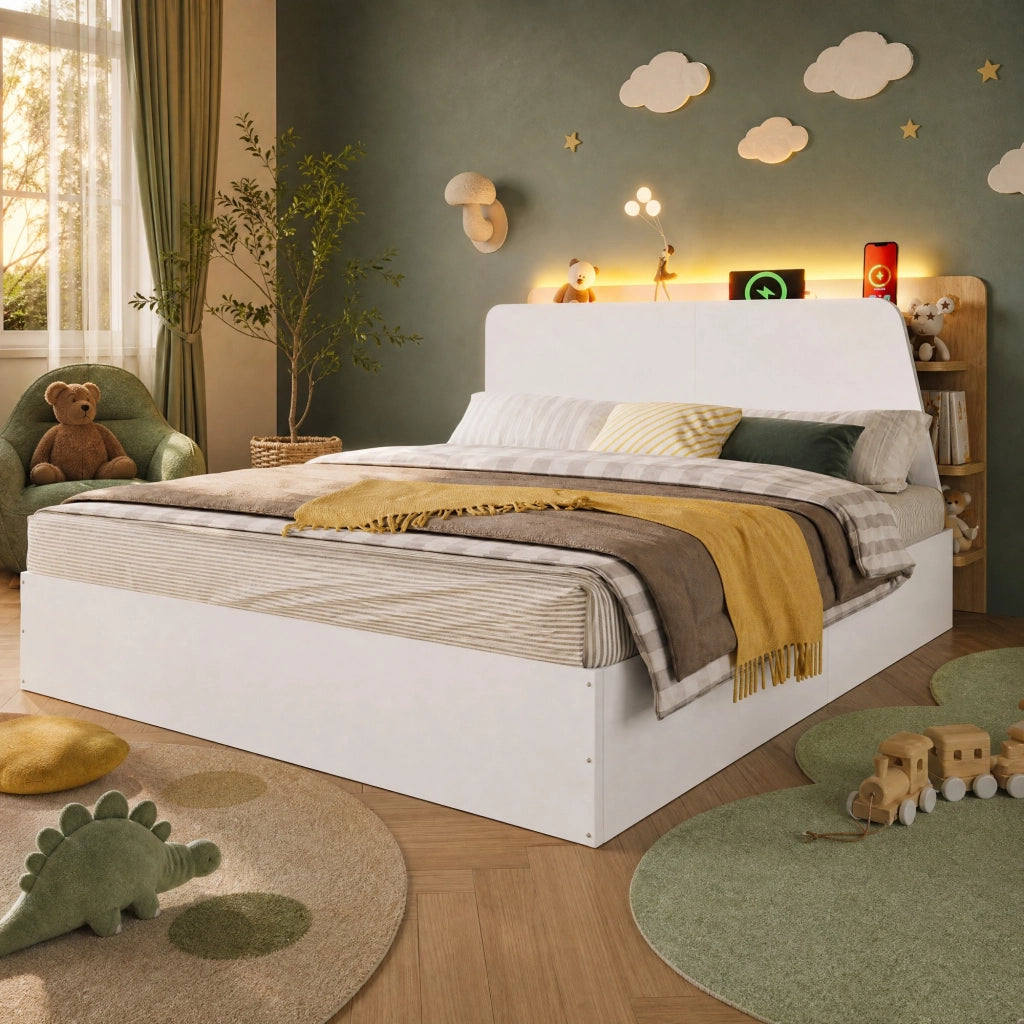 LETTO contenitore idraulico 140x200 cm pino bianco/naturale con USB Type-C e LED