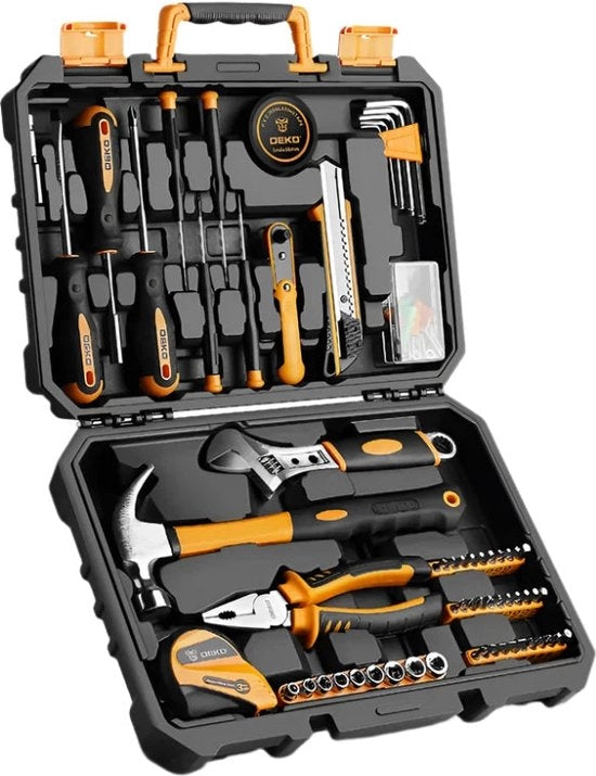 Set di attrezzi base - 100 pezzi - Set di attrezzi - Set di attrezzi misto - Per uso auto e casa - Set di attrezzi per uso domestico - Set di attrezzi per uso generale - Giallo