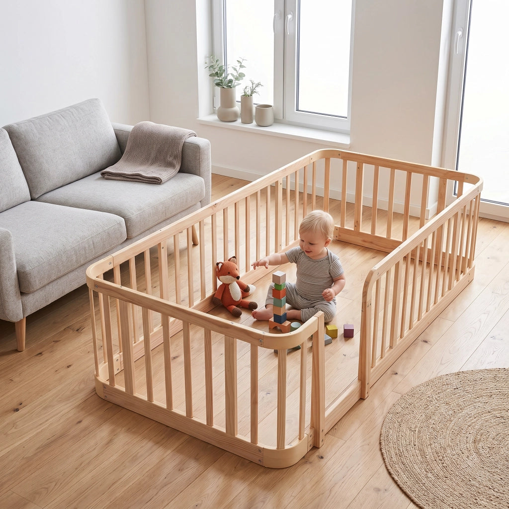 Recinto modulare per bambini 90 × 200 cm, barriere di sicurezza da 7 cm, angoli arrotondati, senza materasso, in legno, naturale