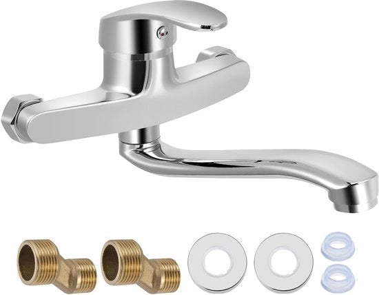Wandkraan RVS, 360° girevole, maniglia per cucina, miscelatore a due vie, 24 cm, girevole per cucina, bagno, lavabo