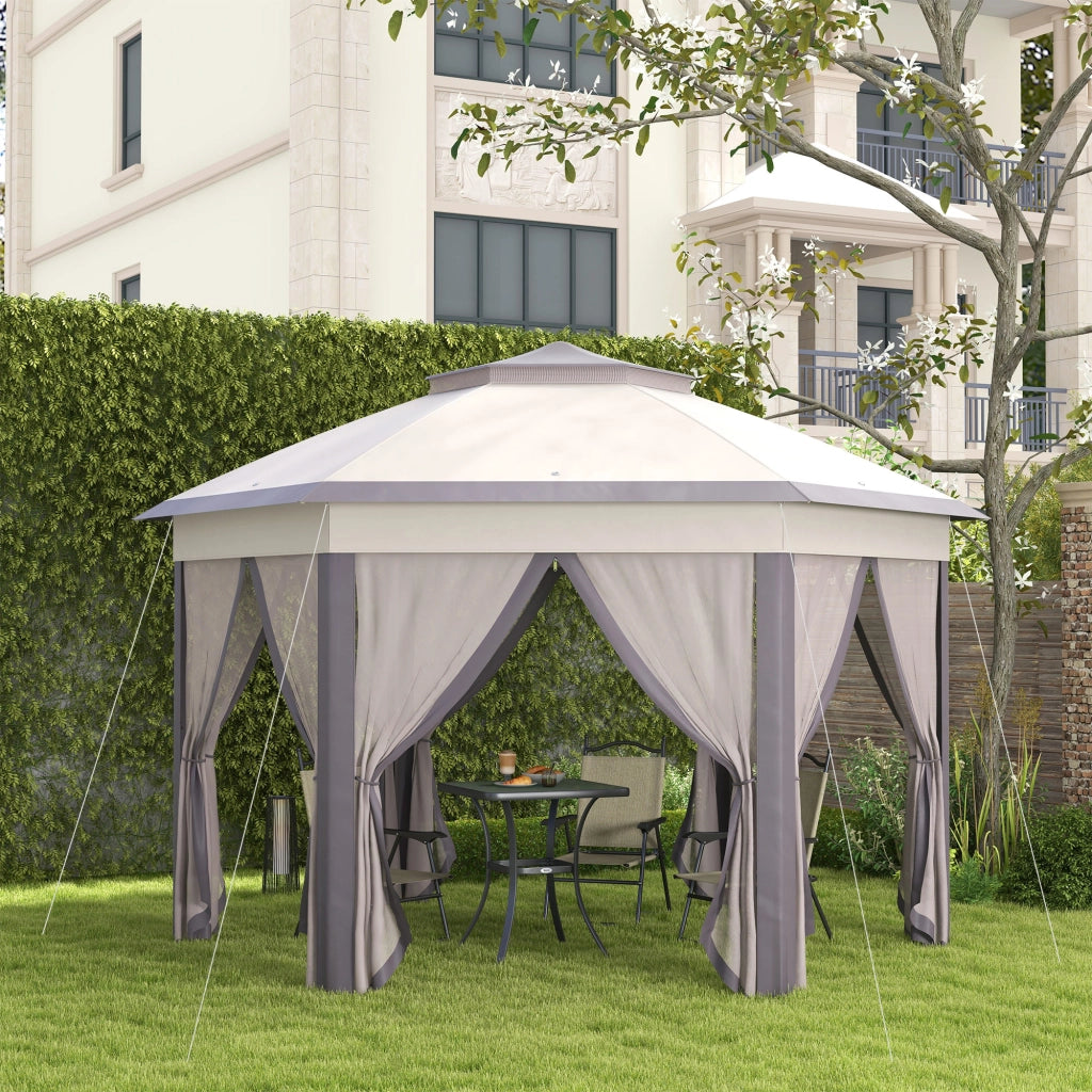 Gazebo da giardino pieghevole 4x4 m esagonale con copertura doppia e 6 pareti beige ¨C zephmum