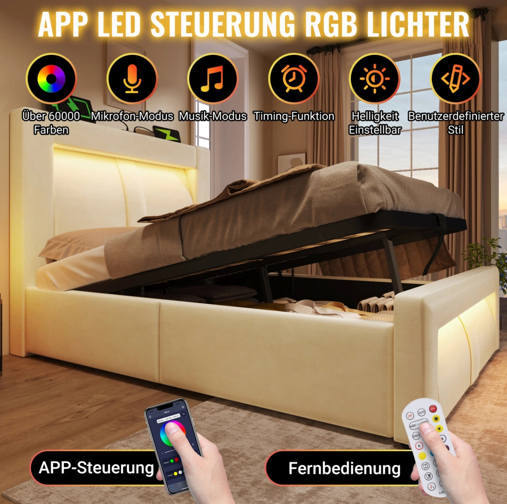 Letto matrimoniale 180x200 con contenitore LED e ricarica USB