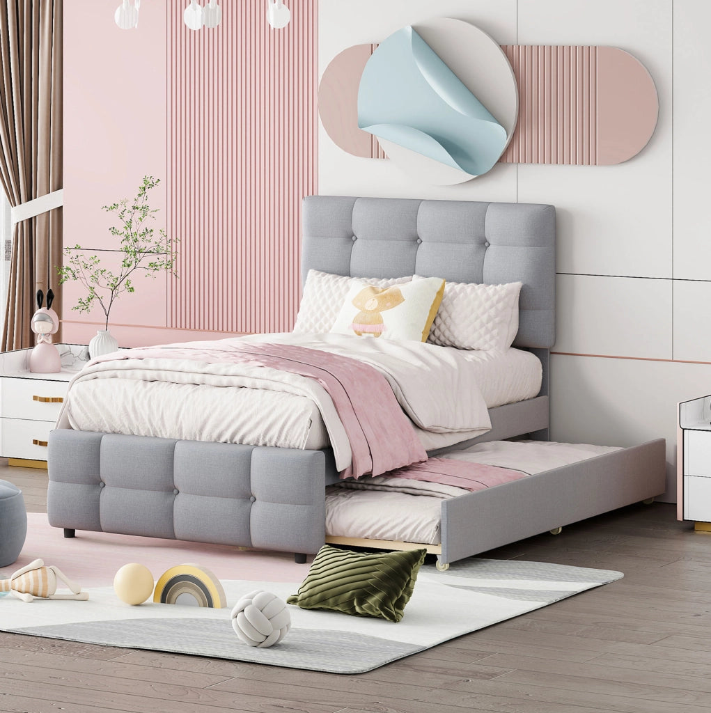 Letto imbottito per bambini 90x200 cm con letto estraibile; testiera regolabile; grigio