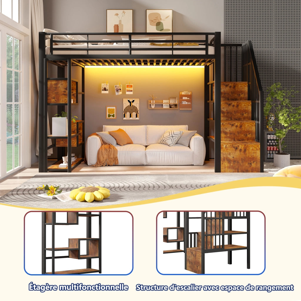 Letto a soppalco 90x200 cm con spazio libero sottostante; LED; ripiano; gradini integrati e parapetto; metallo nero