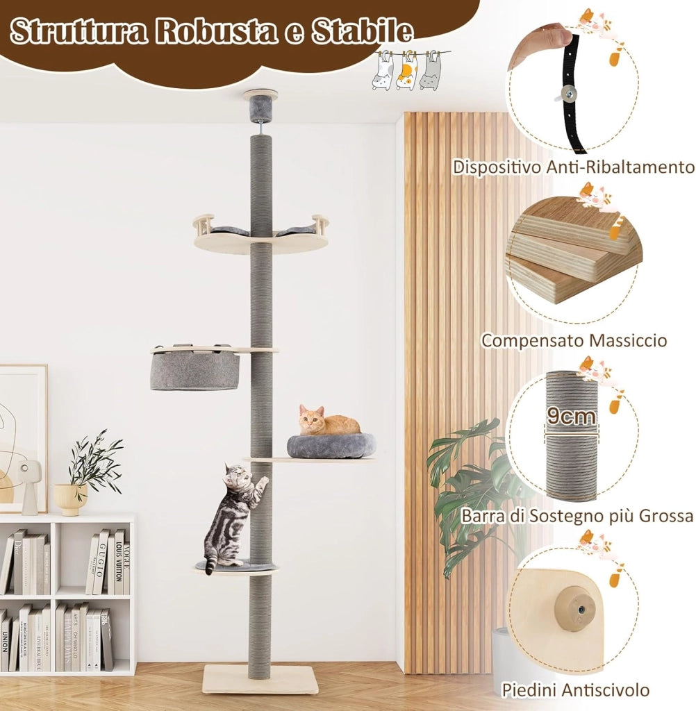 Albero per Gatti da Pavimento a Soffitto con Altezza Regolabile 236-271 cm, Tiragraffi per Gattini in Legno a 5 Livelli con Ripiano, Letto Peluche, Amaca e Pali Tiragraffi, Mobile per Gatti da Interno