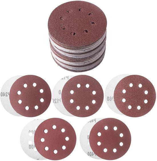 Schuurschijf Premium 125mm 50 grain 60/120/240/400/800 - Per Excentrische Lavorazioni e Lisciatura - Legno Metallo Vernice - Incluso 8 Fori