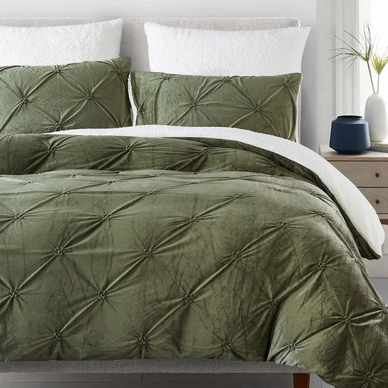Coperta da letto invernale, 135 x 200 cm, 4 pezzi, flanella, fleece, verde, bianco, coperta da letto reversibile, piuma, motivo sherpa, set di coperta da letto e cuscini con chiusura a zip, certificato Oeko-Tex