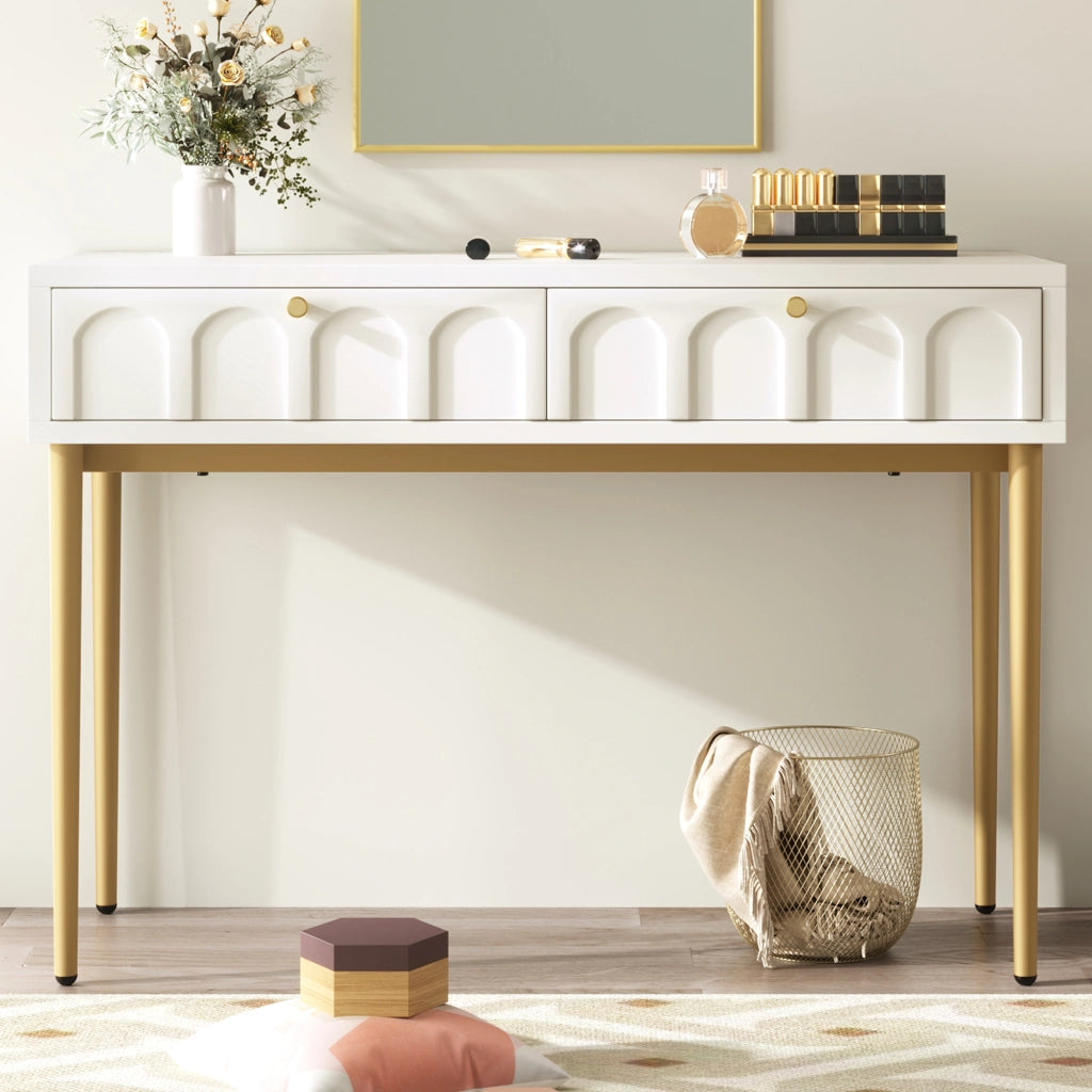 OKWISH Toeletta con 2 Cassetti, Contenitore Compatto, per Camera da Letto, in Legno e Metallo, Bianco Crema, 100×45×76.5 cm