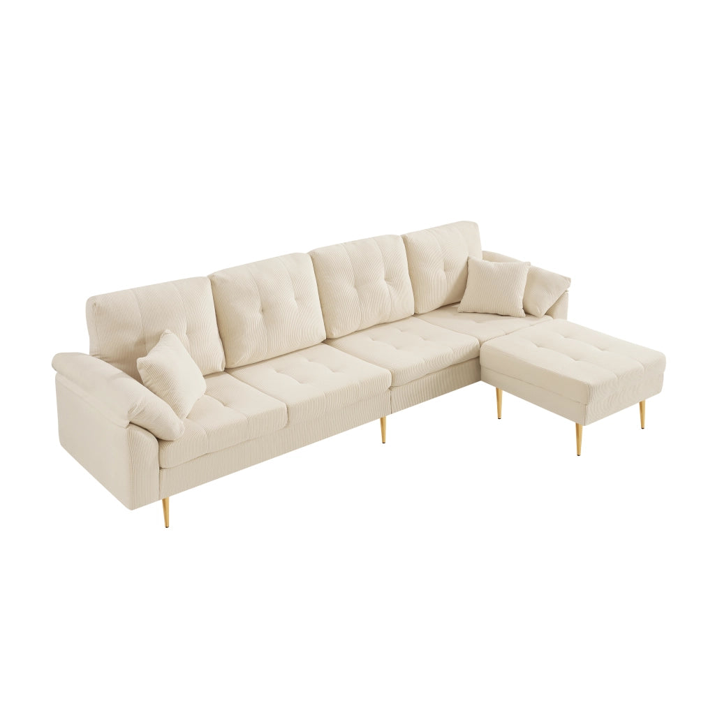 Divano 4 posti in velluto a coste con pouf modulabile; beige chiaro; 250 cm