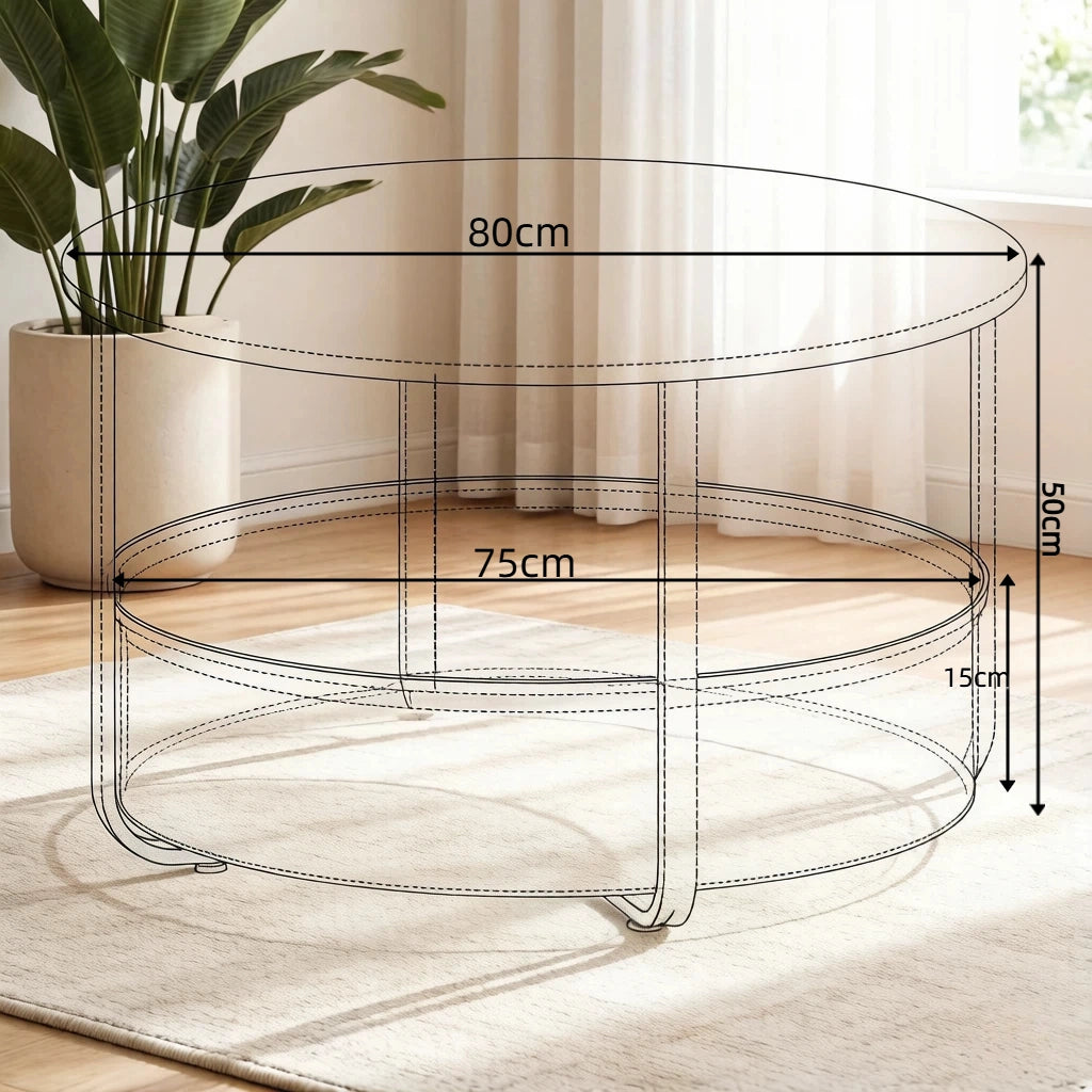 Tavolino basso rotondo moderno e pratico con cestello in canvas e struttura in metallo, per soggiorno, nero, Ø 80 × 50 cm