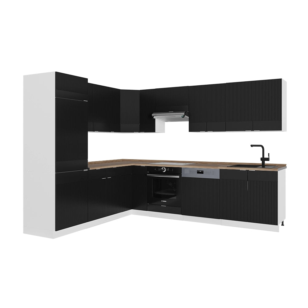 Cucina angolare completa Fame-Line Nero rigato/Bianco 287 x 60 cm, PL Rovere Vicco