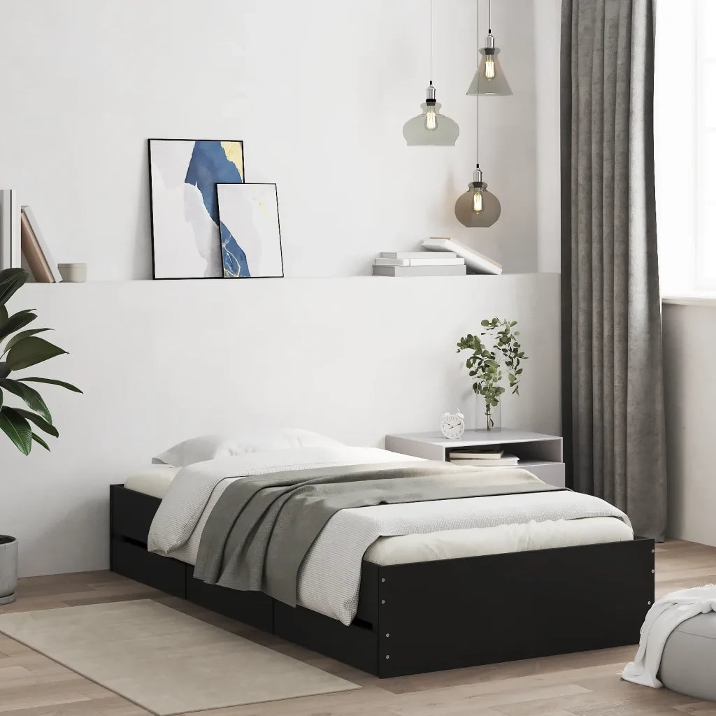Letto singolo | Letto per adulti | Giroletto con Cassetti Nero 90x200 cm in Legno Multistrato