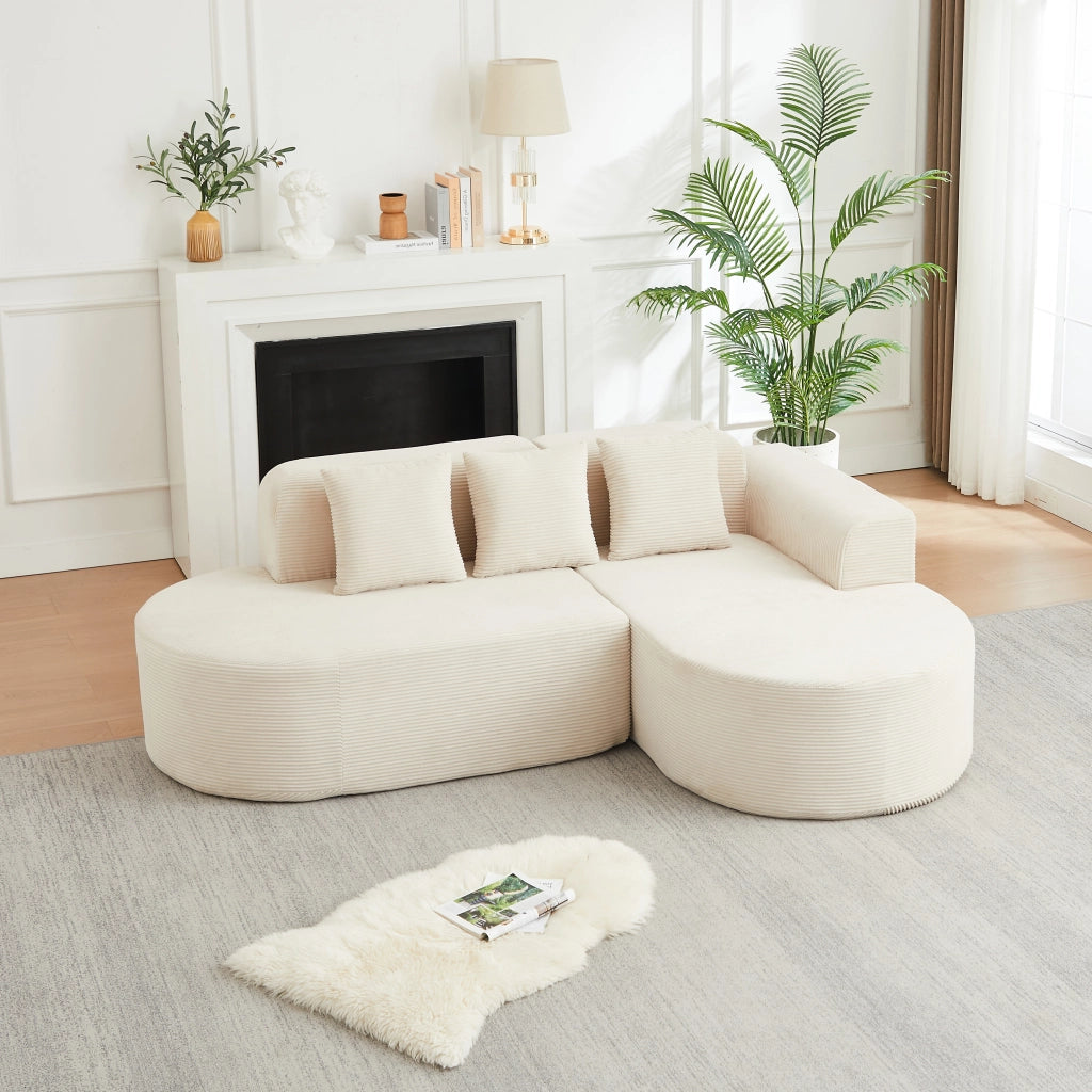 Divano angolare con chaise longue curva; in velluto a coste; beige 220 × 155 × 70 cm
