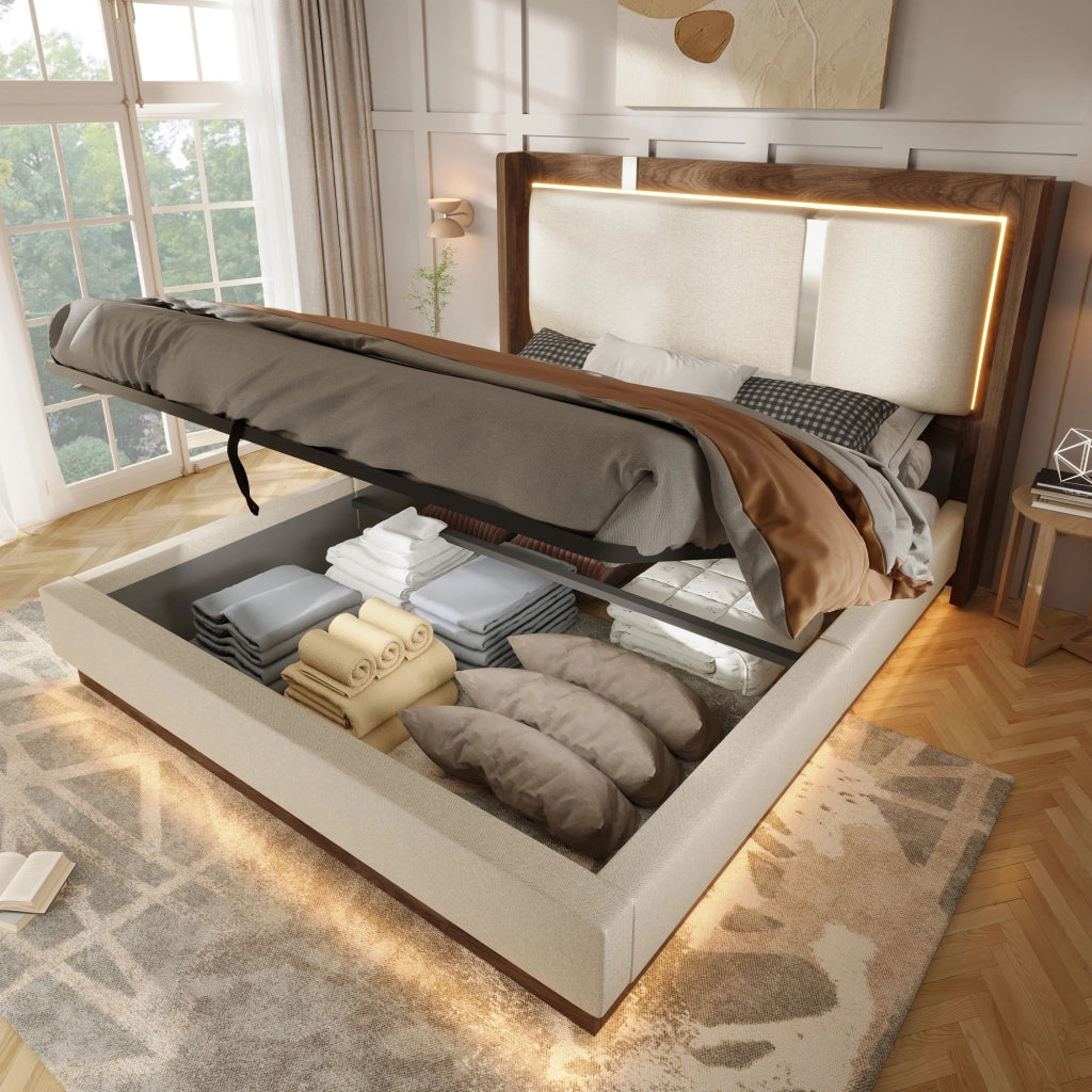 Letto matrimoniale 140 × 200 cm con LED e contenitore idraulico, senza materasso, in lino beige