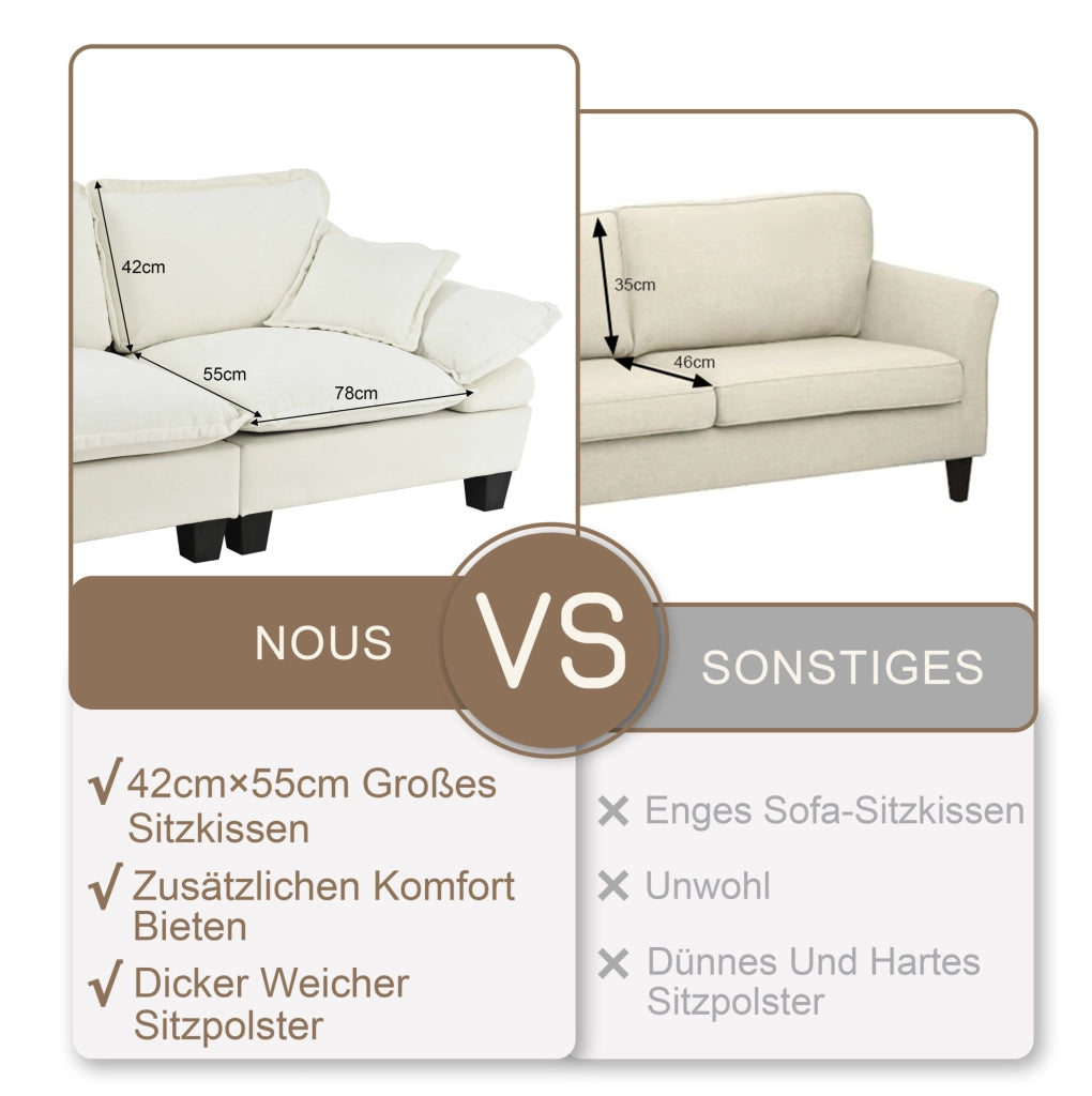 Divano angolare modulare Cloud in chenille beige con pouf mobile e 2 cuscini morbidi, 194x155x90 cm