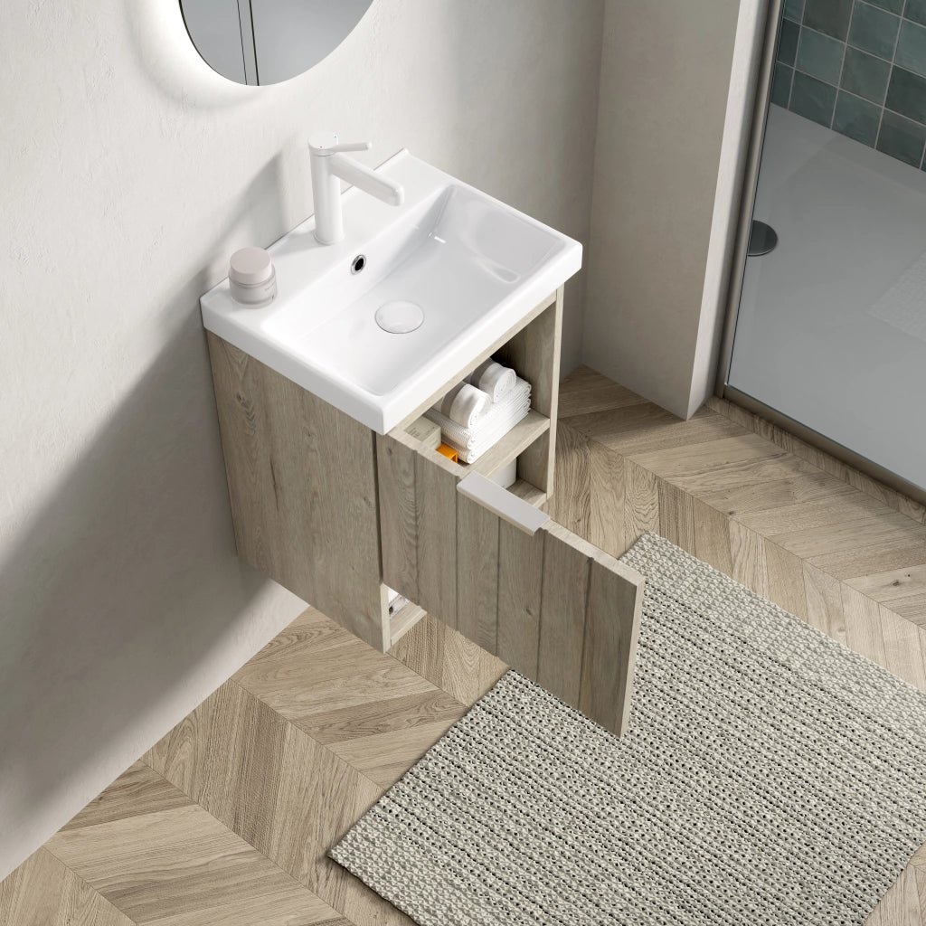 Mobile bagno sospeso con 2 ante e ripiano aperto; lavabo in ceramica bianca; per bagno; 49×39×61 cm; bianco