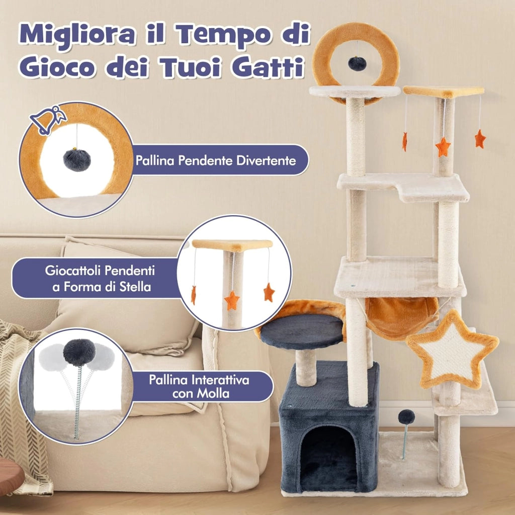 Albero per Gatti da Interno da 160 cm, Albero Tiragraffi con Pali e Tavole da Graffio in Sisal, Condominio, Trespolo in Peluche, Piattaforme, Giocattoli Appesi e Palla a Molla