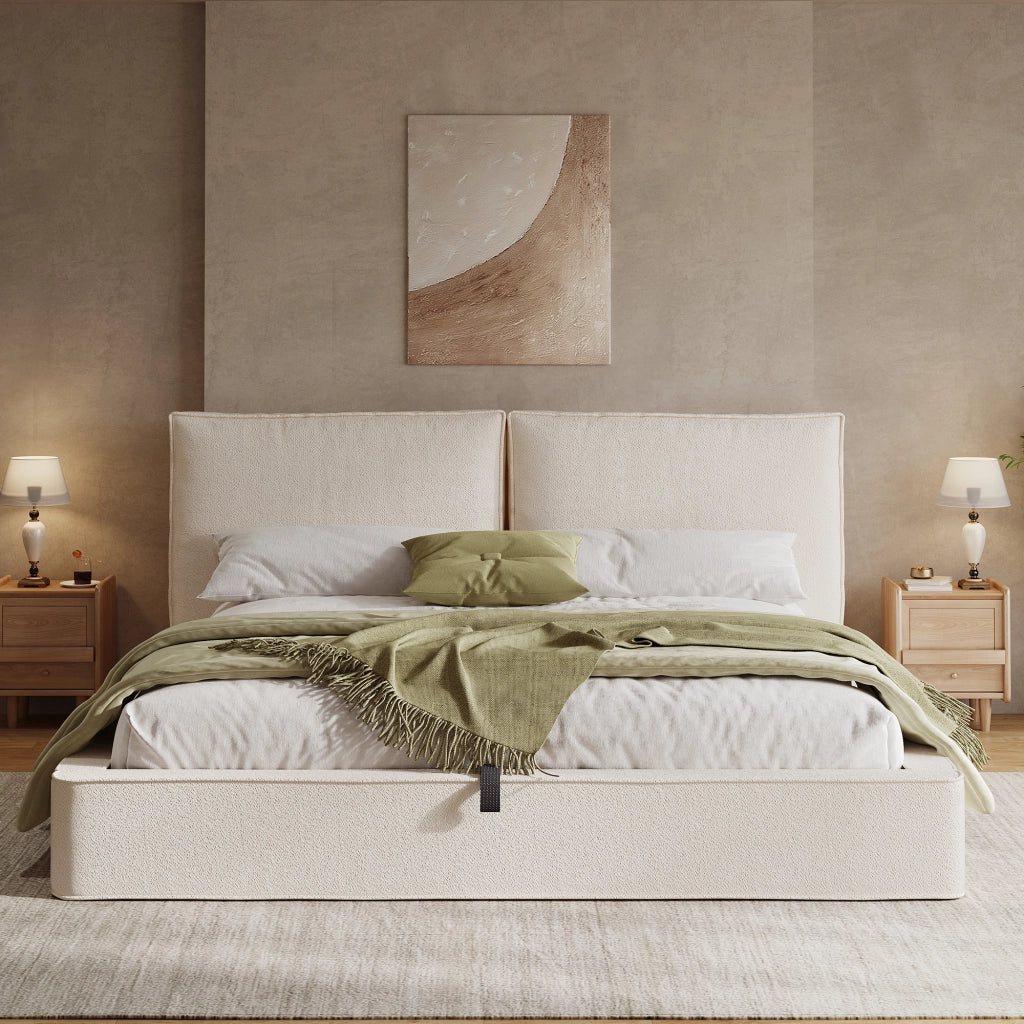 Letto matrimoniale contenitore 180 × 200 cm con vano salvaspazio e testiera imbottita, senza materasso, bouclé beige
